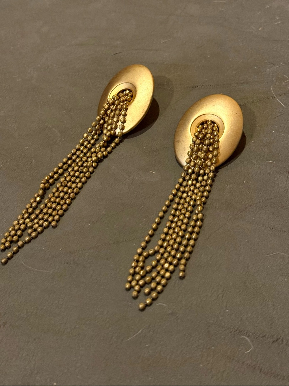 Vintage 80s Matte Gold Shield Waterfall Ball Chain Tassel Dangle Earrings
